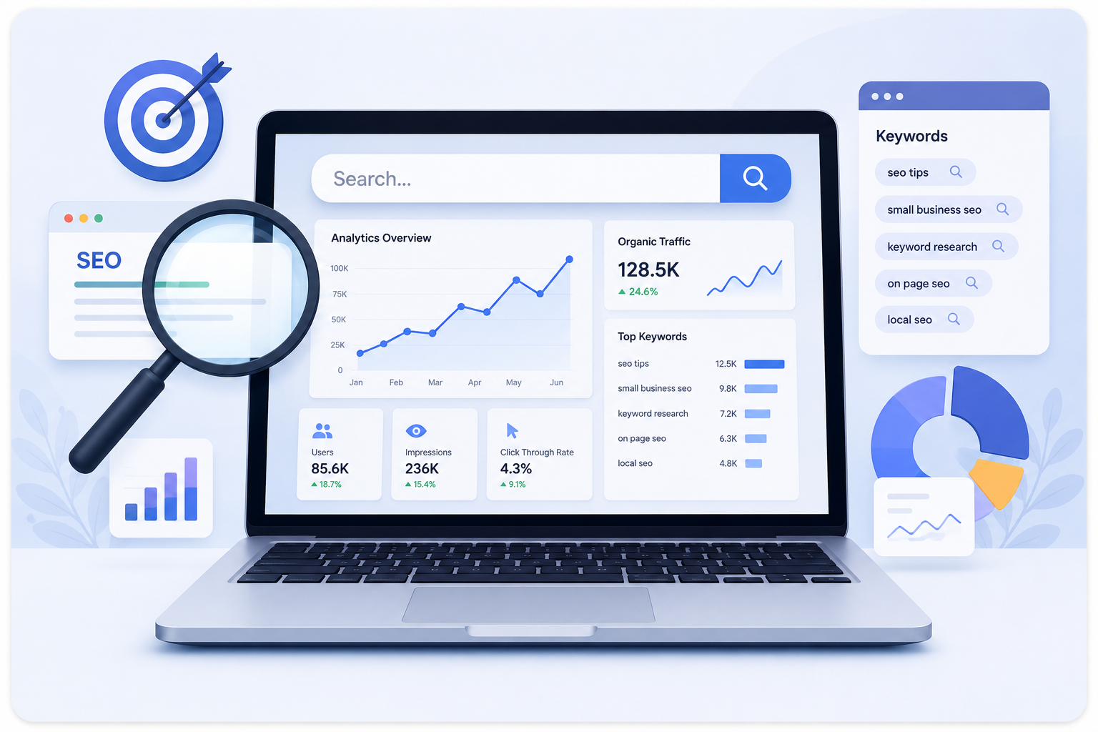 Keyword research dashboard showing search terms and SEO analytics for small business websites.